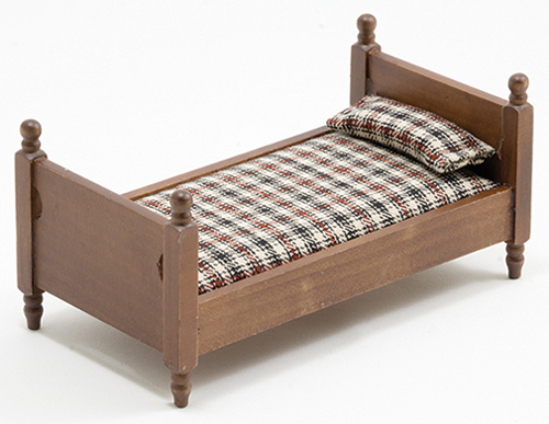 Single Bed, Walnut with Plaid Fabric